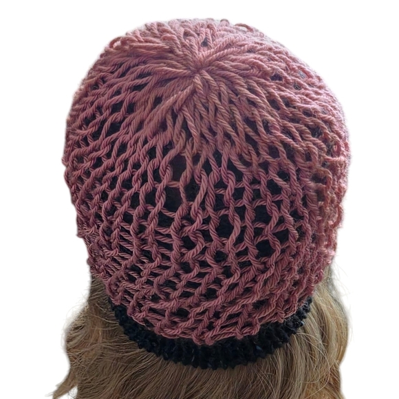 Handmade knitted beanie toque knit mesh overlay vegan leather tag slight slouch - Picture 3 of 6